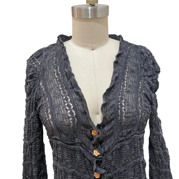 Natural Life Juliet Ruffle Cardigan Sweater Womens Medium Gray Knit Boho - Picture 5 of 11